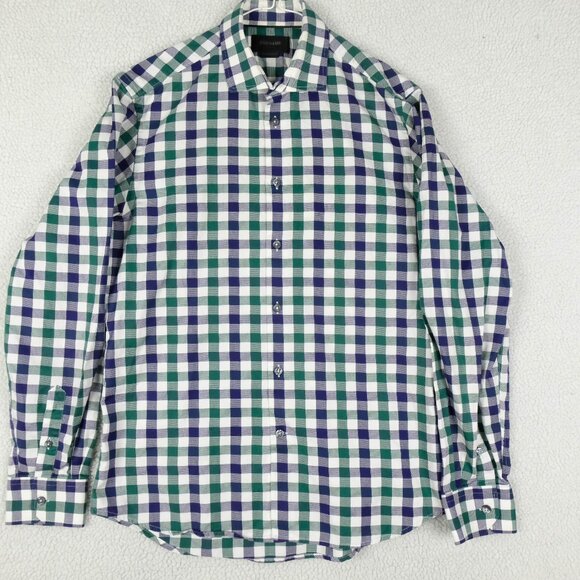 Duchamp Shirt Mens 16  Medium White Green Blue Check Oxford Button Up Casual - Picture 1 of 7